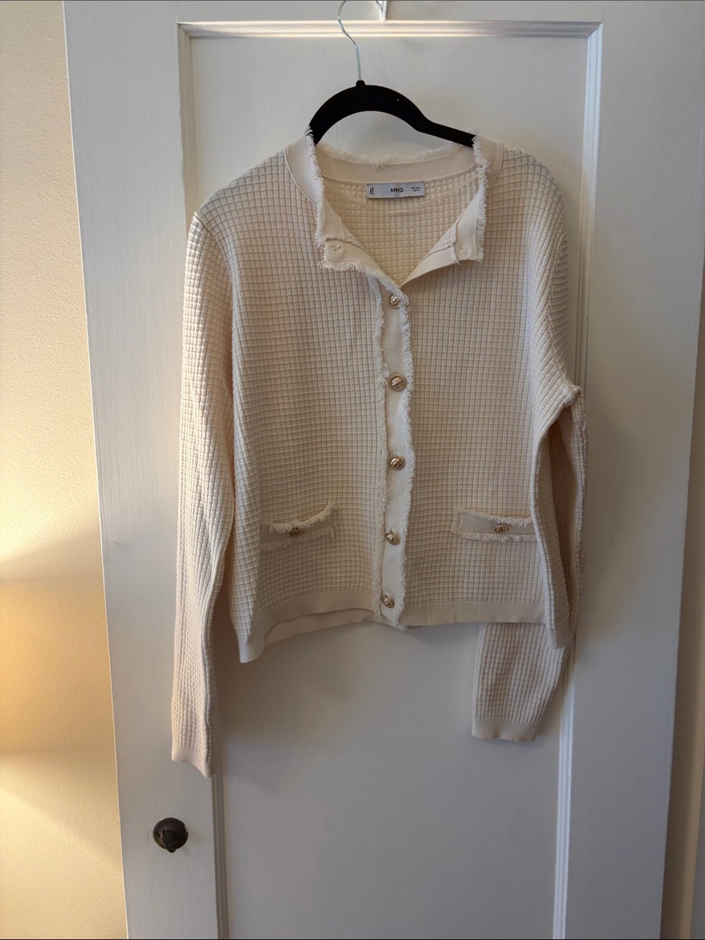 Mango Cream Waffle-Knit Button Cardigan